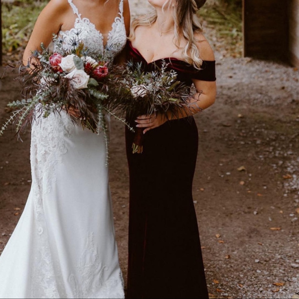 Revelry bridesmaid dress “Bardot” in burgundy velvet. Original $189. Worn once!